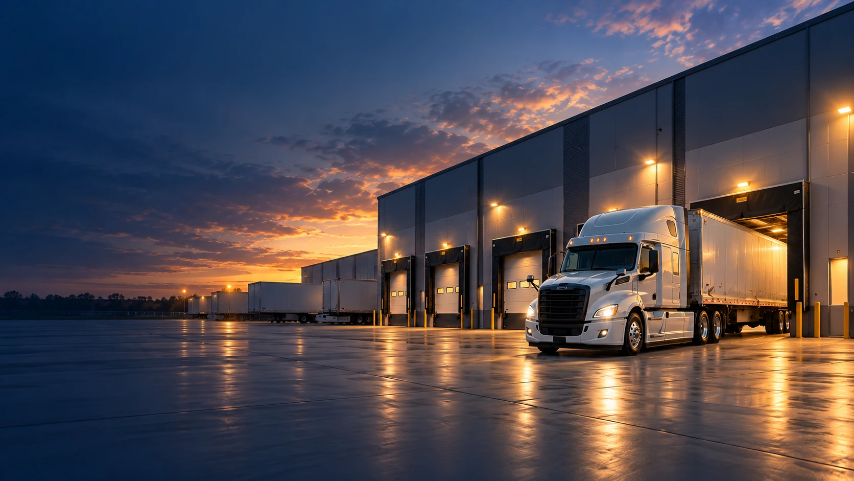 White freight truck at warehouse loading dock doors at dusk
