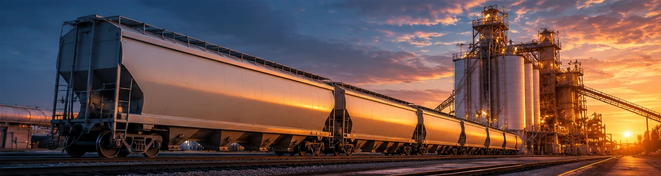 Covered hopper railcars on track beside an industrial silo complex at dusk